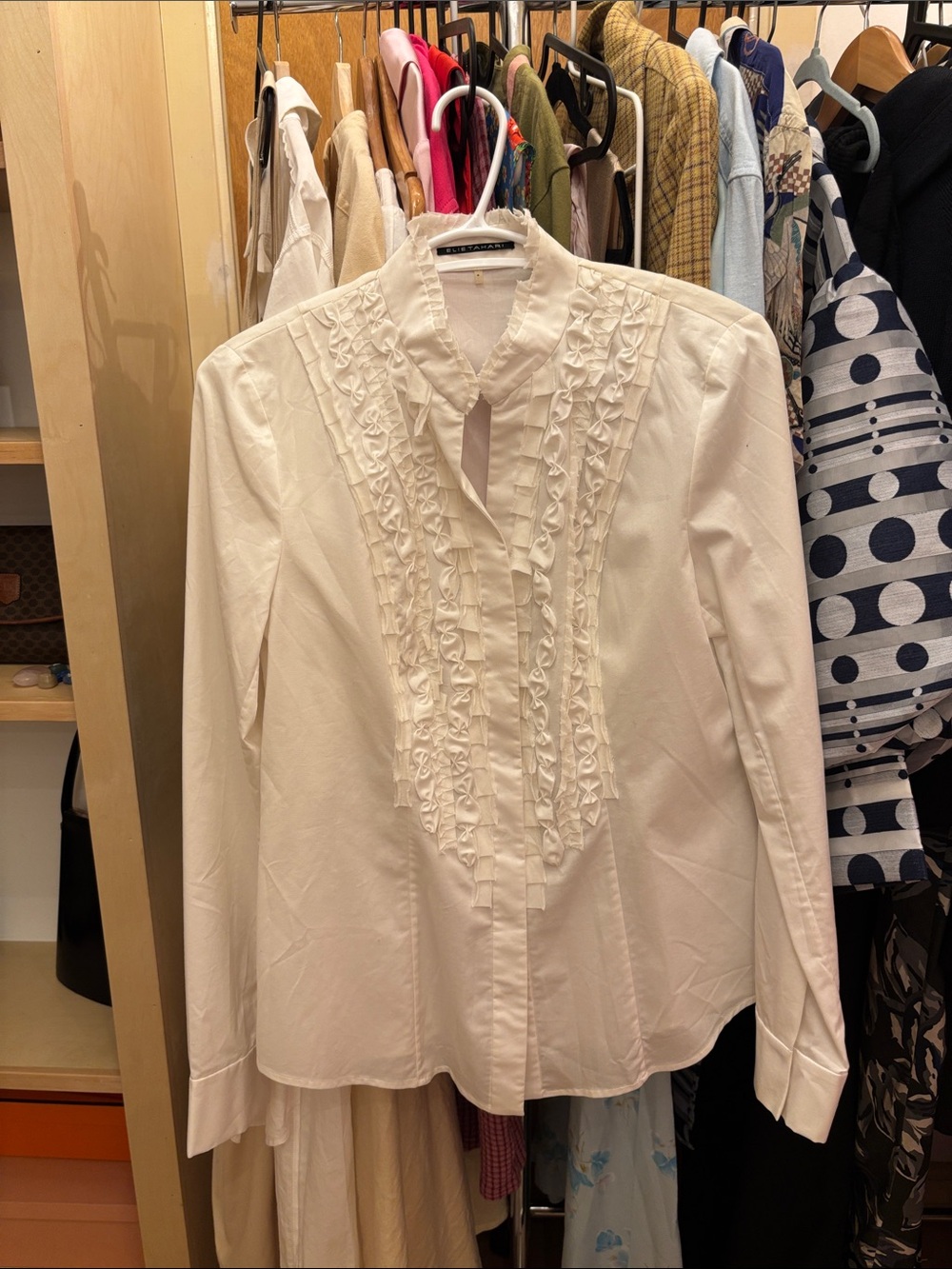 Elie Tahari White Ruffle-Front Dress Shirt